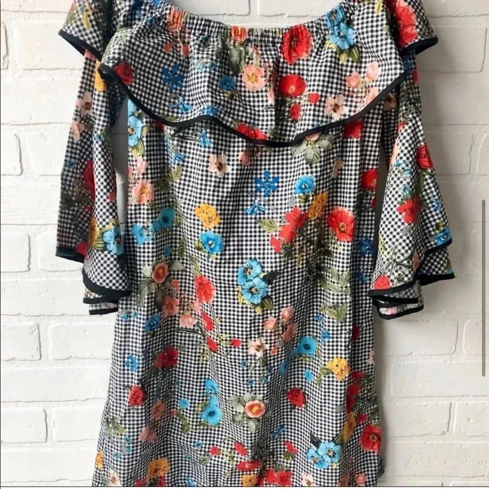 Zara Floral Gingham Off Shoulder Dress XS - Picture 3 of 6